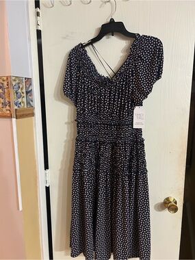 Time and Tru Navy Floral Smocked Midi Dress with V-Neck